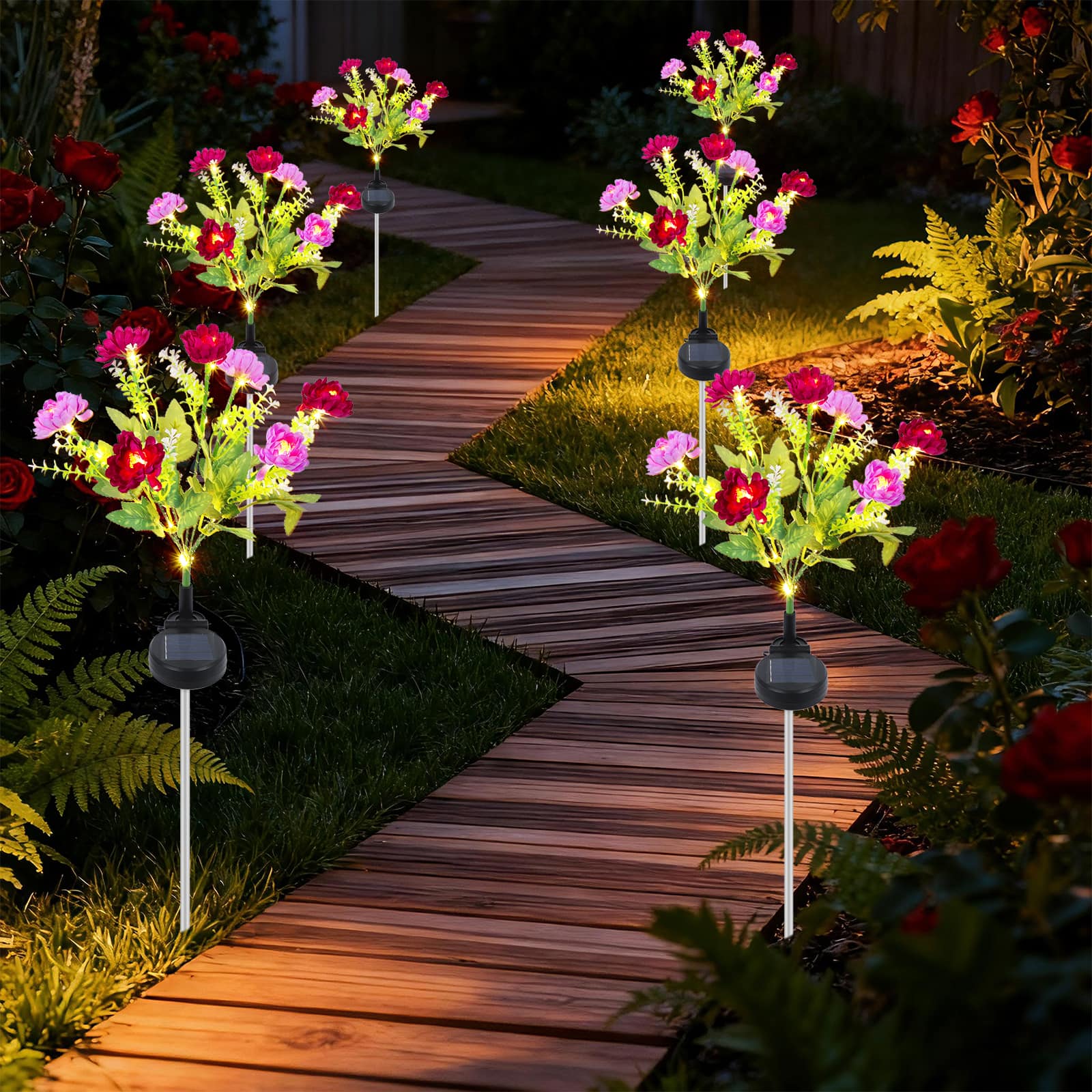 Oumilen - 6PCS Solar-Powered Flower Stake Lights - Decorative Outdoor Garden Pathway Lights with Artificial Blooms
