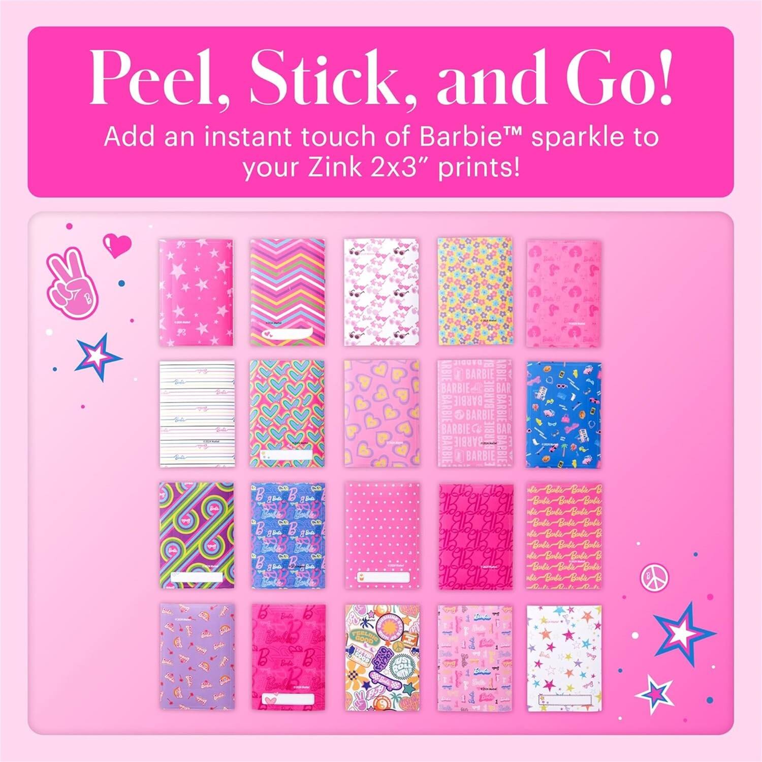 Peel, Stick, and Go! Add an instant touch of Barbie™ sparkle to your Zink 2x3" prints!