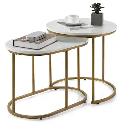 Front. Costway - Costway Nesting Coffee Table Modern Set of 2 Marble Coffee Side Table Set Living Room - Marble,Golden.