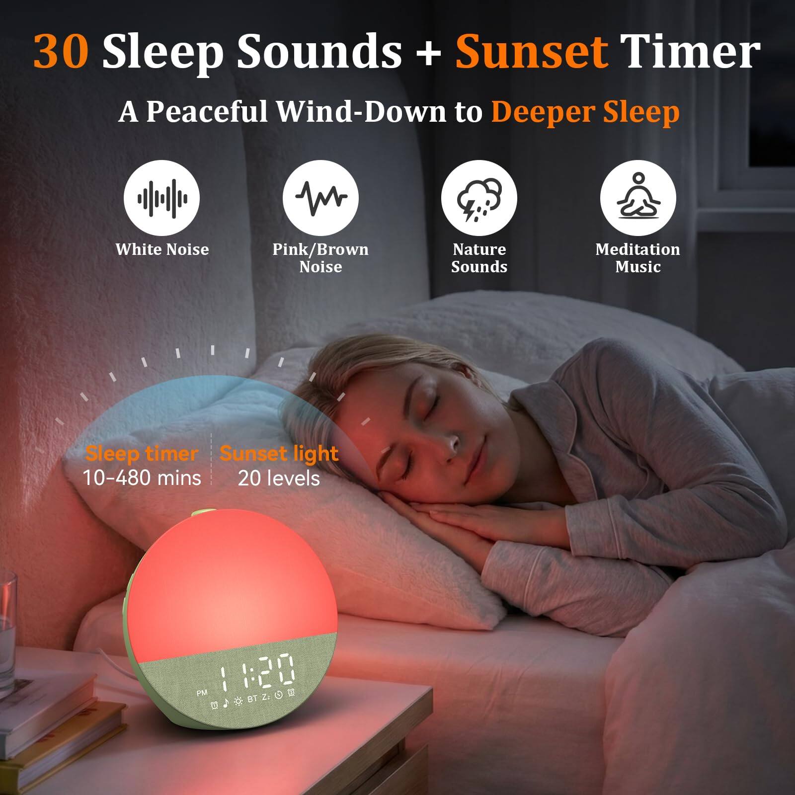 30 Sleep Sounds + Sunset Timer  
A Peaceful Wind-Down to Deeper Sleep  

- White Noise  
- Pink/Brown Noise  
- Nature Sounds  
- Meditation Music  

Sleep timer: 10-480 mins  
Sunset light: 20 levels  

11:20 PM  
BT Z1