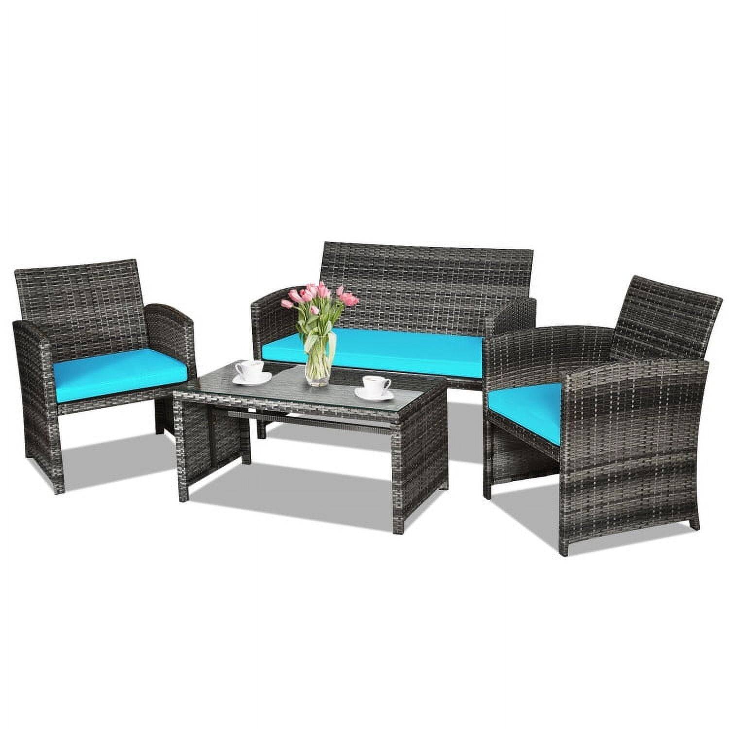 Back. Kadyn - 4 Pieces Patio Rattan Furniture Set, Outdoor Patio Furniture Set with Cushions-Turquoise - Blue.