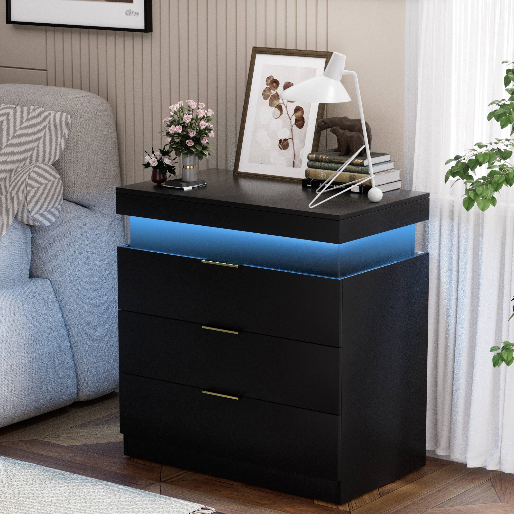 Angle. Spaco - Spaco Modern 3 Drawers Nightstand with Charging Station, LED Nightstand with Charging Station, LED Lights for Bedroom - Black.