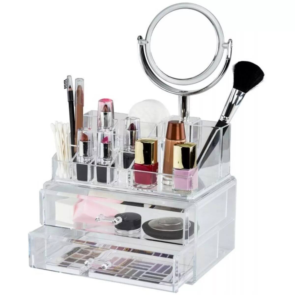 Elle - Makeup Storage with Vanity Mirror, 15 Compartments & 2 Drawers, Acrylic Compact Organizer for Cosmetics & Jewelry - Clear