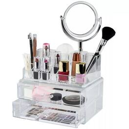 Elle - Makeup Storage with Vanity Mirror, 15 Compartments & 2 Drawers, Acrylic Compact Organizer for Cosmetics & Jewelry - Clear