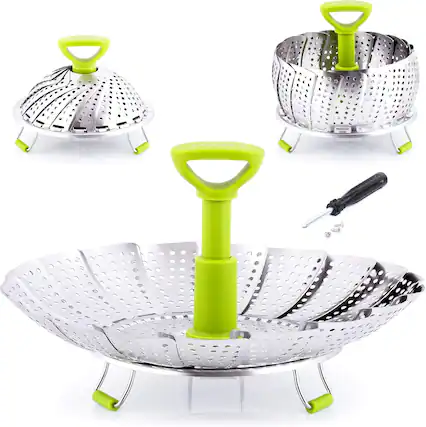 Front. Zulay Kitchen - Zulay Kitchen Adjustable Vegetable Steamer Baskets For Cooking - Foldable Steamer Basket (5.1" to 9") - Silver.