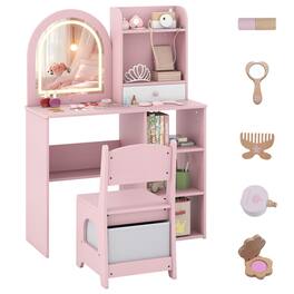 Costway - Kids Vanity Set Princess Girls Makeup Vanity Desk with 3-Color LED Lighted Mirror - Pink