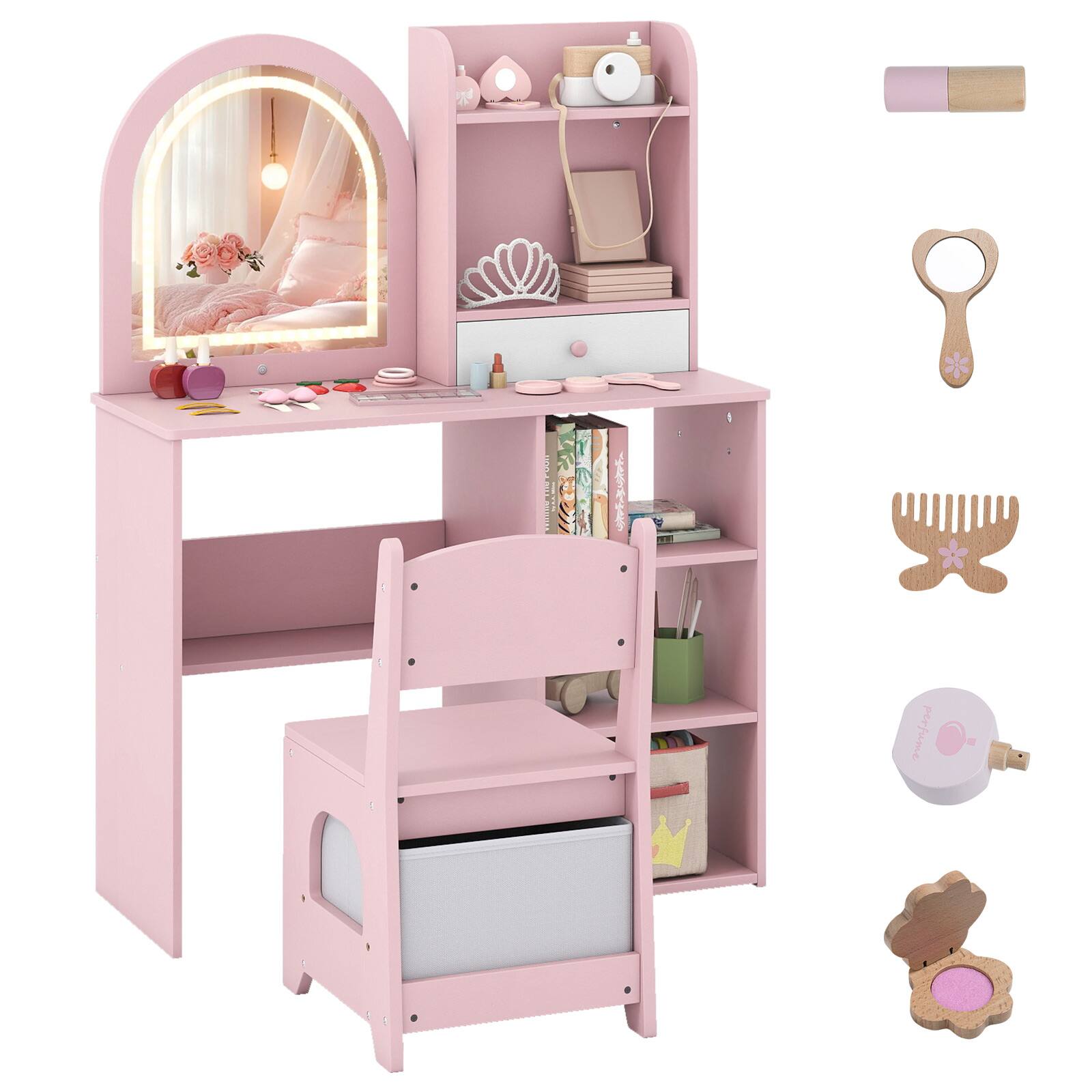 Front. Costway - Costway Kids Vanity Set Princess Girls Makeup Vanity Desk with 3-Color LED Lighted Mirror - Pink.
