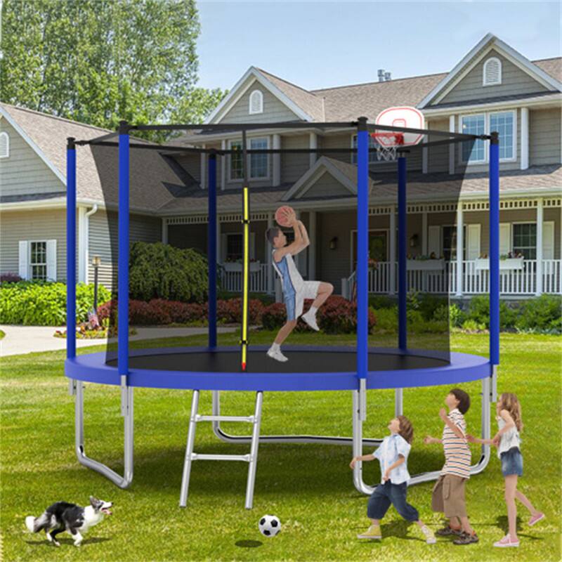 Alt View 2. HTUTWOO - 10FT Trampoline for Kids - Basketball Hoop and Ladder, Outdoor Kids Trampoline with Enclosure,Fast Assembly for Backyard - Blue.