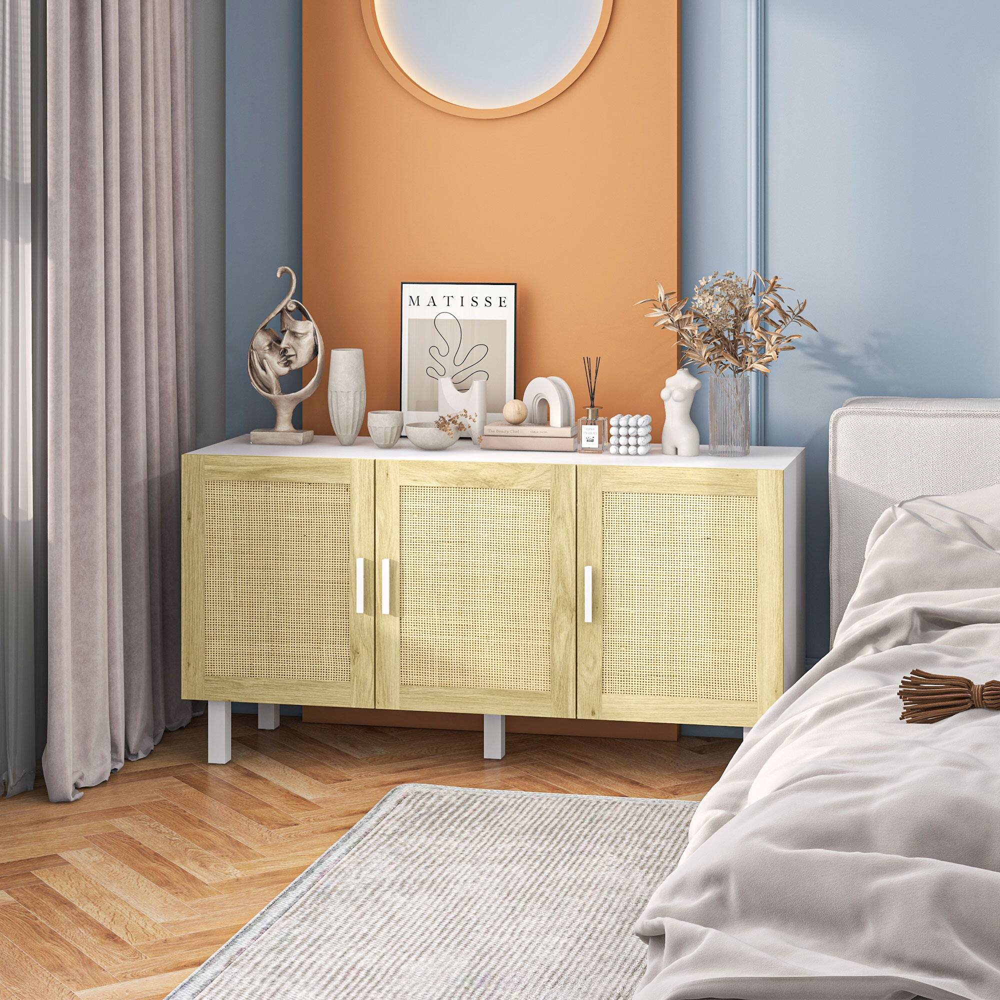 Alt View 7. Homcom - Sideboard Buffet Cabinet, Coffee Bar Cabinet with 3 Rattan Doors and Adjustable Shelves for Kitchen, Living Room - White and Natural.