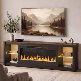 Bestier - 70" Marble Top Electric Fireplace TV Stand with 36" Insert, LED Gaming Media Console with Glass Shelves for Living Room - Rustic Brown