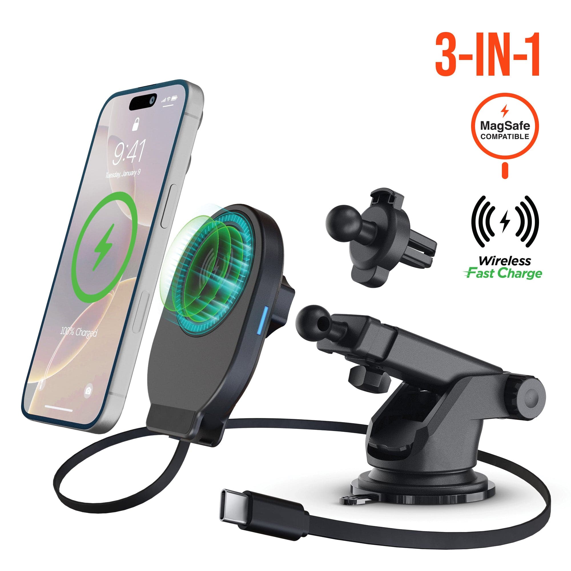 iBasics - 15W MagSafe Wireless Car Charger Mount – 3-in-1 Vent, Dash & Windshield Kit - Black