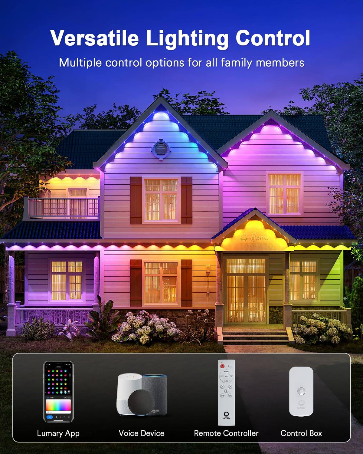 Versatile Lighting Control  
Multiple control options for all family members  

- Lumary App  
- Voice Device  
- Remote Controller  
- Control Box