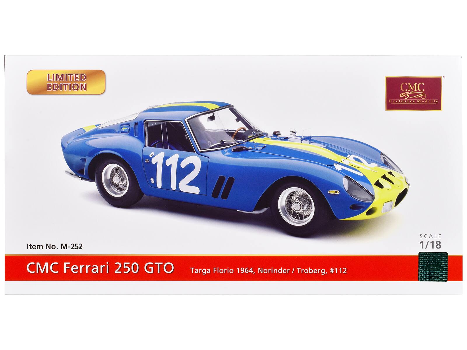LIMITED EDITION

CMC xclusive Medelle 112

Item No. -252

SCALE 1/18

CMC Ferrari 250 GTO Targa Florio 1964, Norinder / Troberg, #112