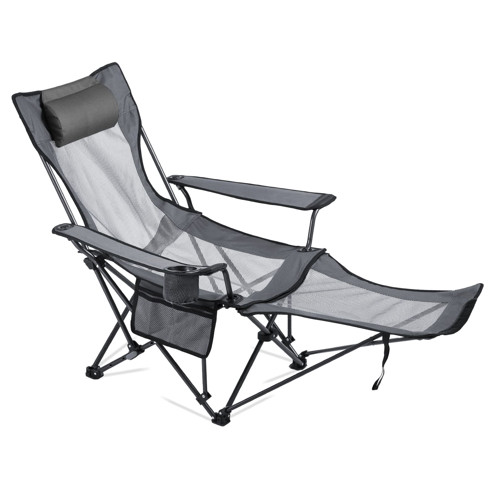 VEVOR - Reclining Camping Chair, 4 Adjustable Positions, Portable Folding Lounger for Adults, Mesh Beach Chair with Headrest - Gray