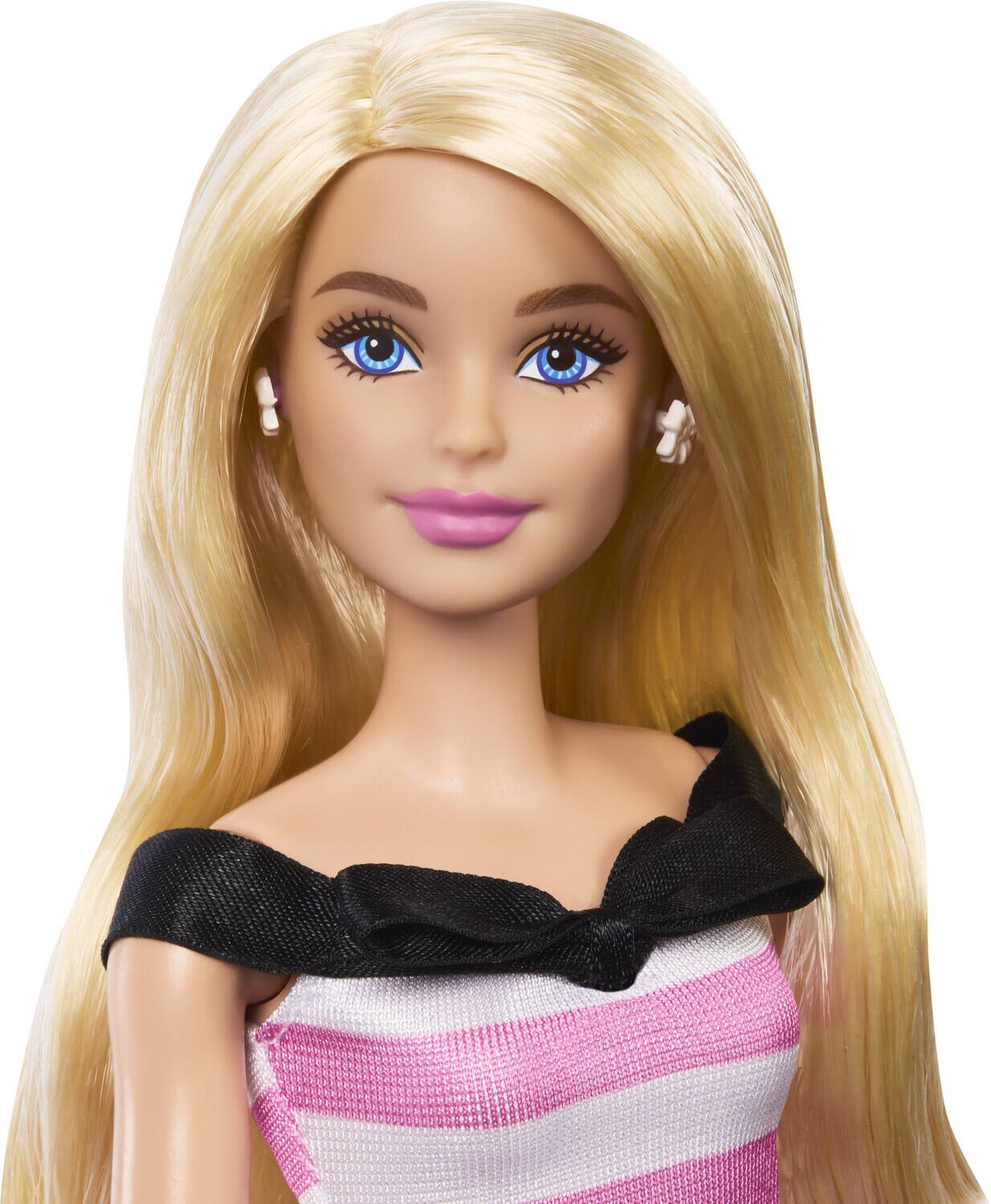 Alt View 2. Mattel - Barbie 65th Anniversary Fashion Doll with Blonde Hair, Pink Striped Dress and Accessories   - Collectibles - Multicolor.