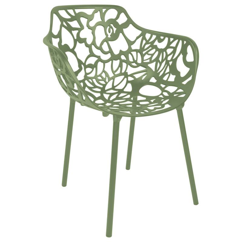 LeisureMod - Devon Stackable Aluminum Dining Chair with Floral Cutout Design Side Chair for Indoor Outdoor - Khaki Green