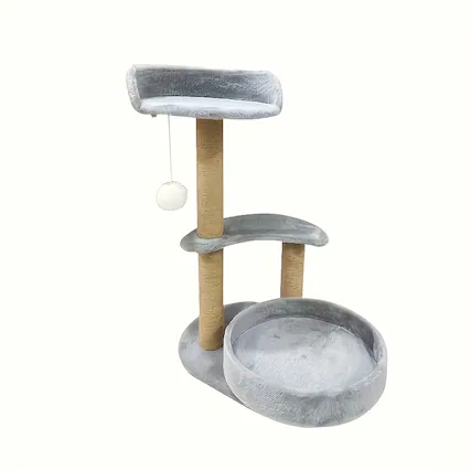 Front. TinyHomie - Multi-tiered cat tree with scratching posts and interactive ball toy - perfect indoor cat furniture for play and rest - Grey.
