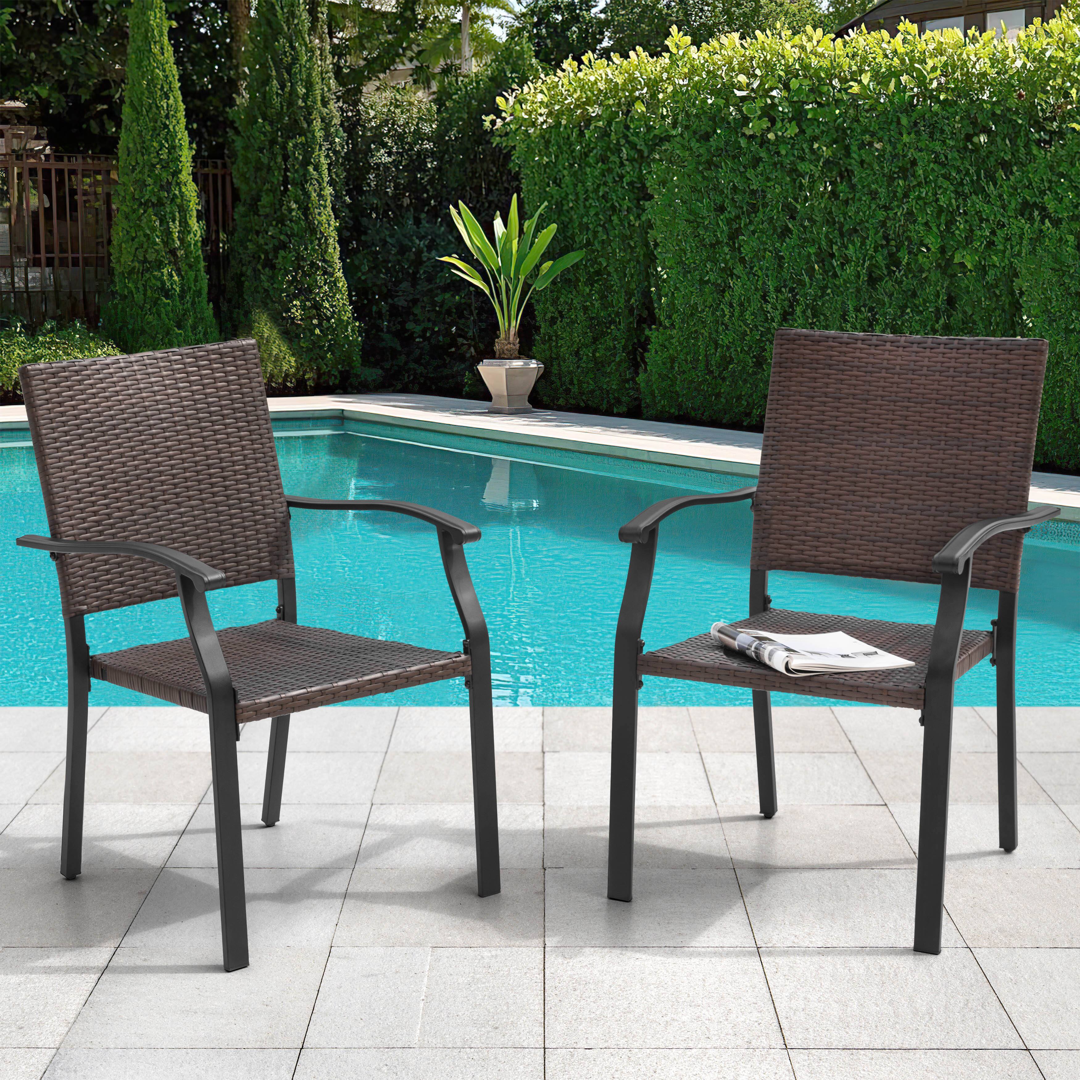 Nuu Garden - Outdoor Patio Iron Dining Chairs, All-Weather Wicker Material - Black