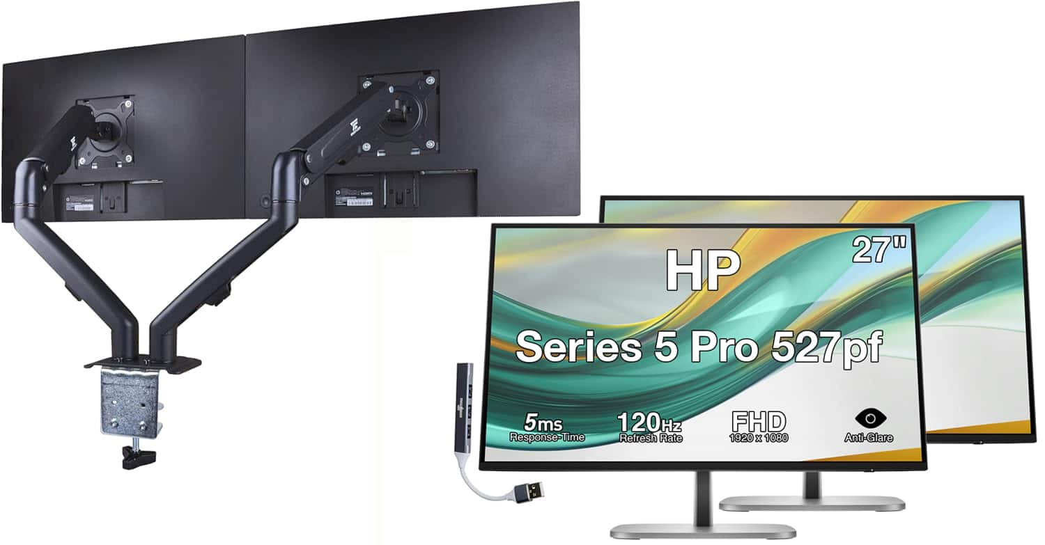 HP - Series 5 Pro 527pf 27" FHD IPS Monitor Displayport, HDMI (B28F5UT#ABA) 2 Pack, w/DKZ Hub & ErgoFlexy Dual Mount Arms - Black
