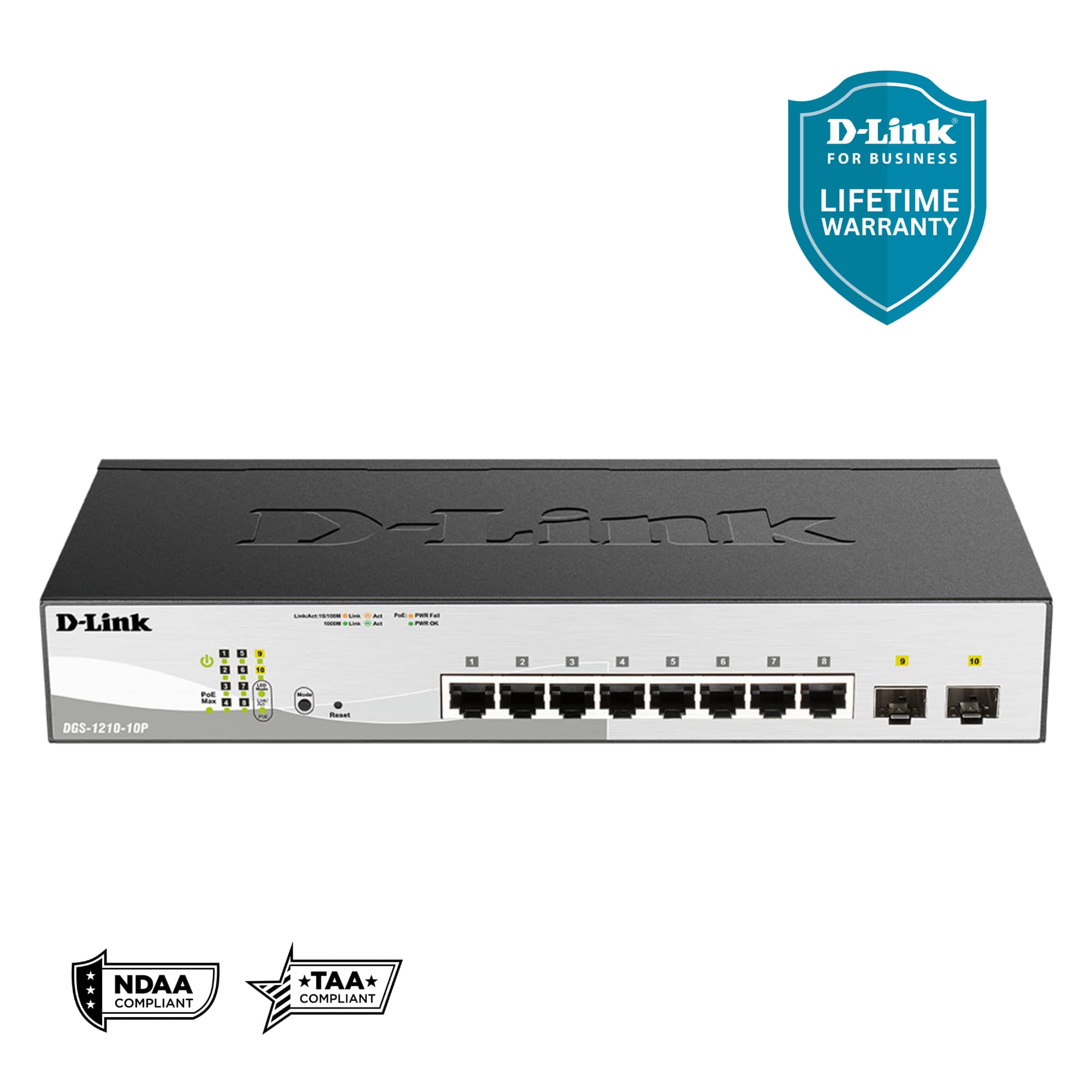 D-Link - 10-Port Gigabit Smart Managed PoE+ Switch, 8x PoE+ Ports (65W) + 2x Optical SFP Ports (DGS-1210-10P) - Black