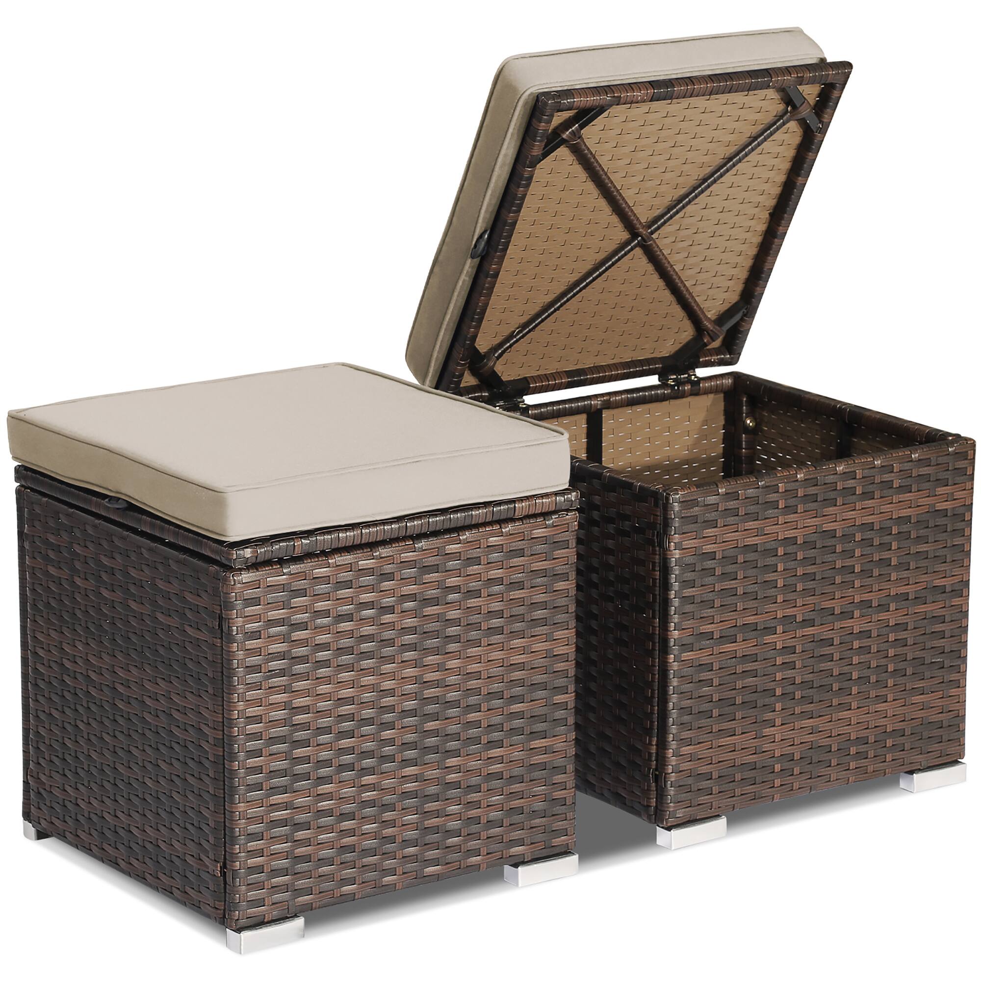 Costway - 2PCS Patio Rattan Ottomans Seat Side Table Storage Box Footstool with Cushion - Beige + Mix Brown