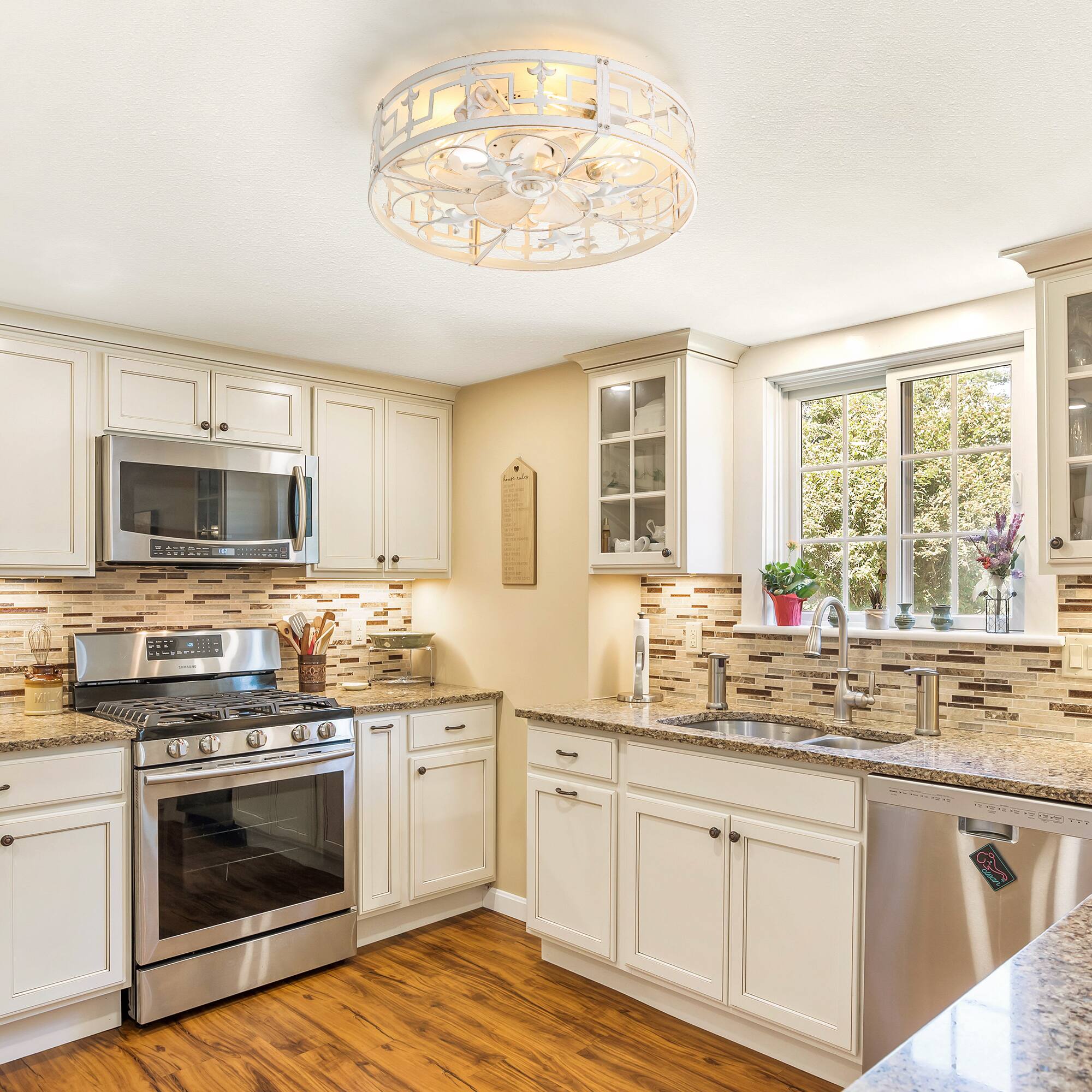 Alt View 1. Breezary - 20" Indoor Flush Mount Enclosed Ceiling Fan with Light Kit and Remote, 7 ABS Blades, 6-Speed DC Motor, Timer - Distressed White and Gold.