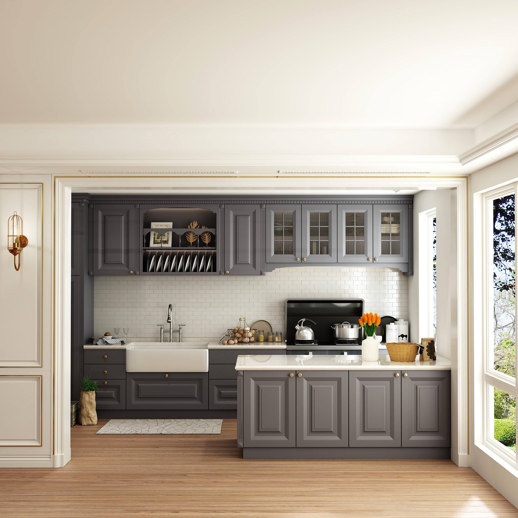 Alt View 9. Boyel Living - Double Handle Bridge Pull-Down Kitchen Faucet with 3-Spray Patterns and 360 Degrees Rotation Spout - Brushed Nickel.