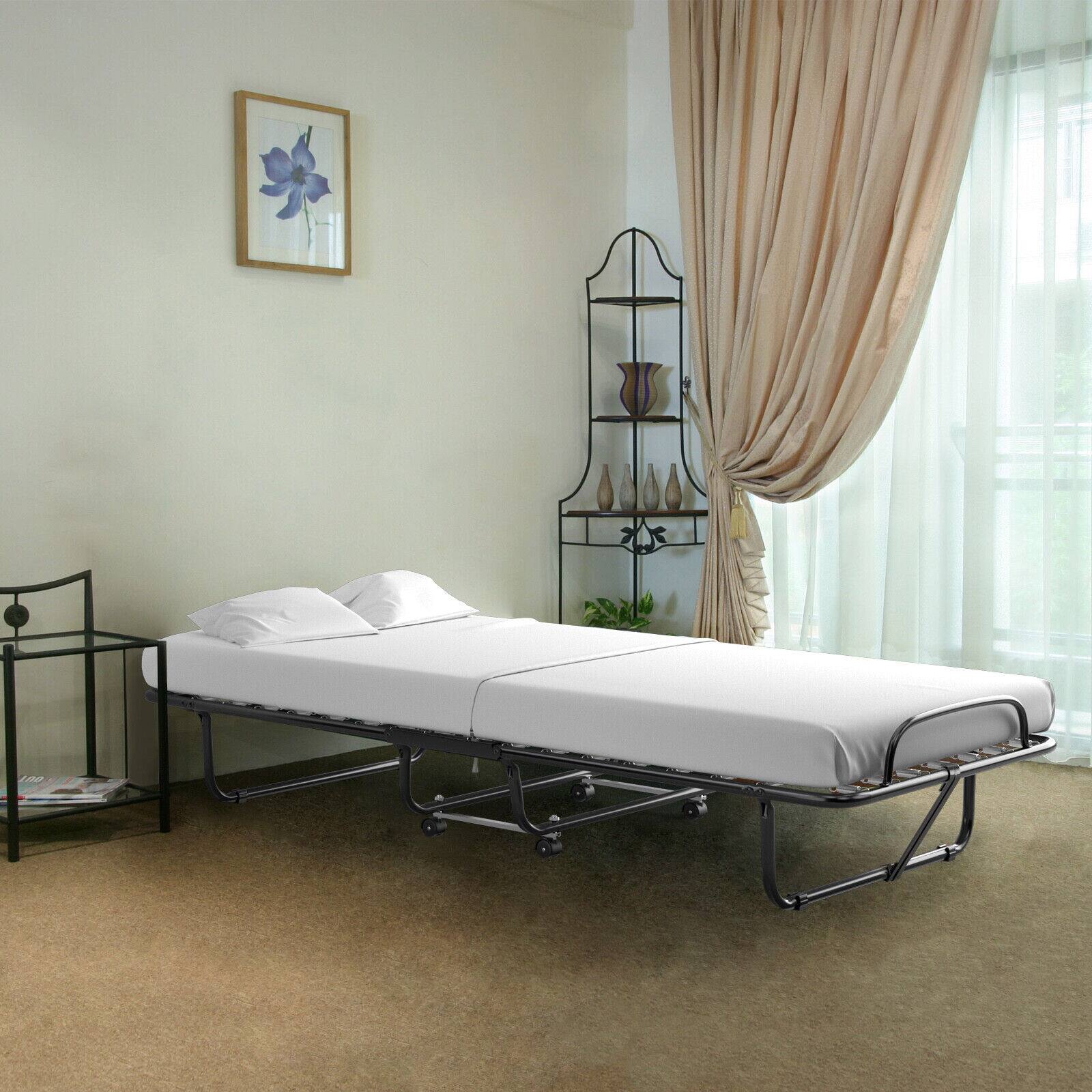 Alt View 1. Gymax - Gymax Rollaway Folding Metal Bed Memory Foam Mattress Cot Guest Made in Italy - White.