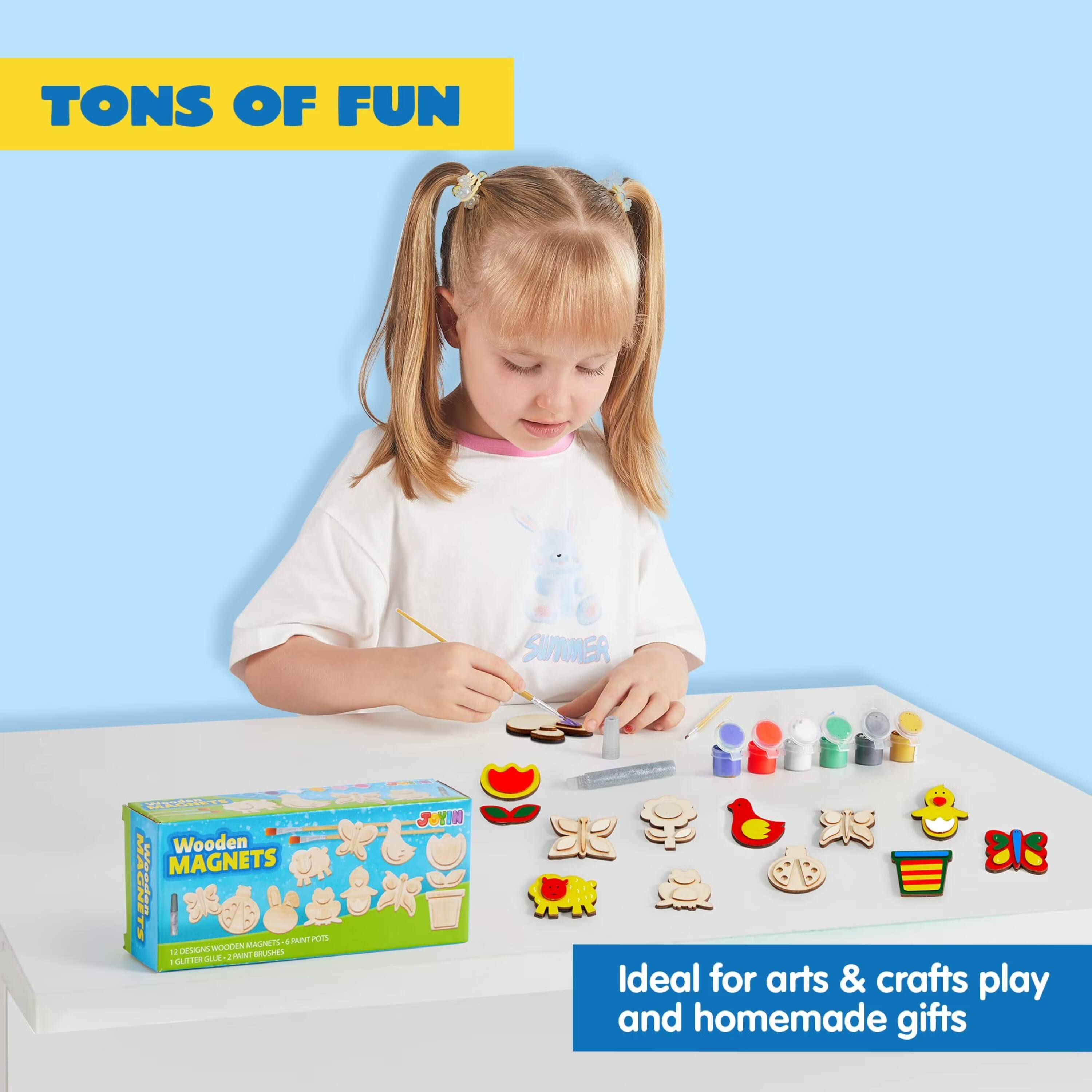 TONS OF FUN  
SUMMER  
MAGNETS Wooden MAGNETS  
JOYANO  
4 PAINT POTS WOODEN MAGNETS 12 DESIGNS BRUSHES GLITTER GLUE J PAINT | 10  
Ideal for arts & crafts play and homemade gifts