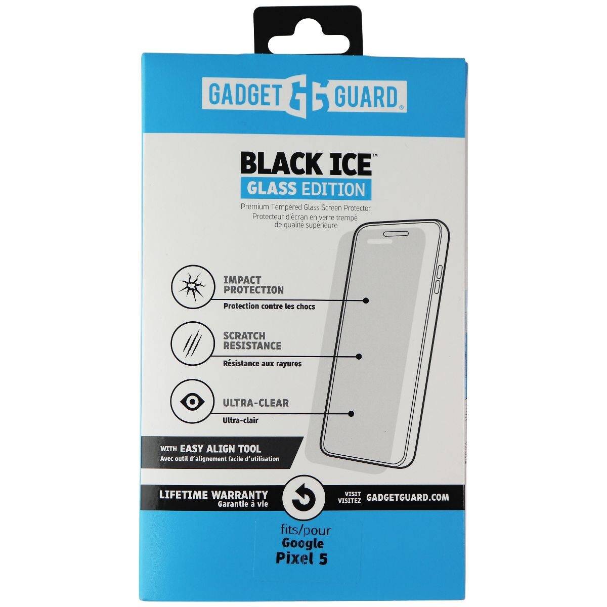 GADGET GUARD. BLACK ICE GLASS EDITION Premium Tempered Glass Screen Protector Protecteur d'écran en verre trempé de qualité supérieure IMPACT PROTECTION Protection contre les chocs SCRATCH RESISTANCE Résistance aux rayures ULTRA-CLEAR Ultra-clair WITH EASY ALIGN TOOL Avec outil d'alignement facile d'utilisation LIFETIME WARRANTY Garantie à vie VISIT VISITEZ GADGETGUARD.COM fits/pour Google Pixel 5