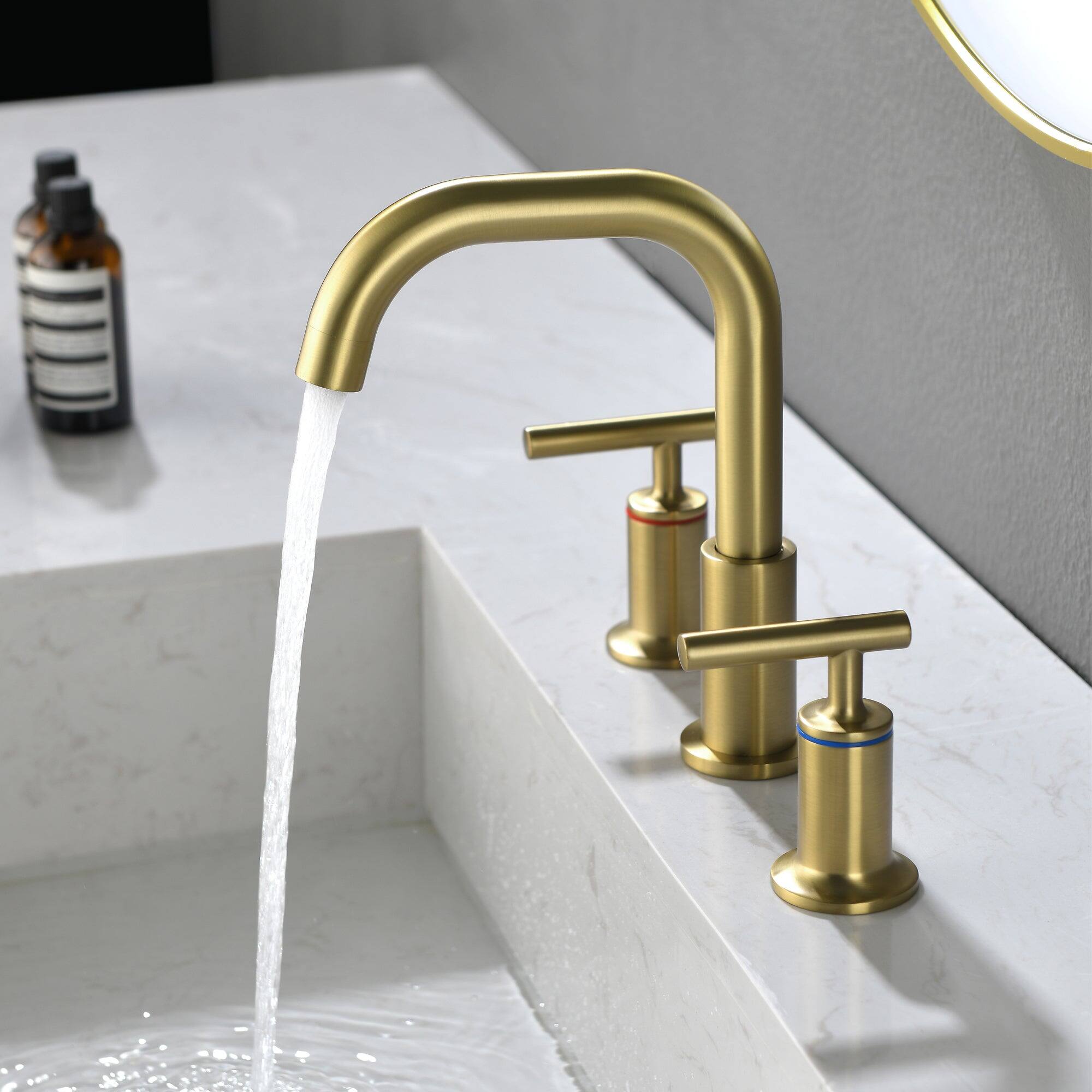 Alt View 9. Boyel Living - 8 in Widespread Double Handle 1.2 GPM Bathroom Faucet with Quick Connect Hose and Water Supply Hose in Brushed Gold - Brushed Gold.