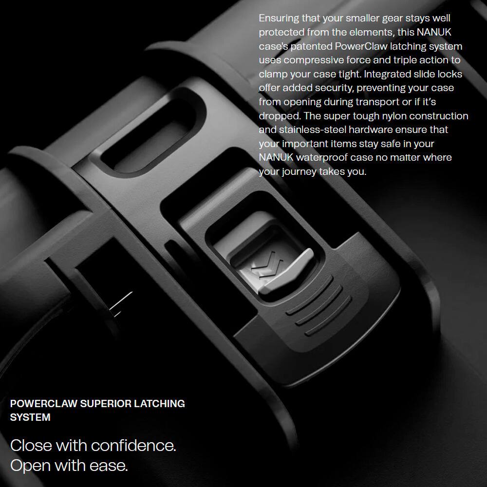 Ensuring that your smaller gear stays well protected from the elements, this NANUK case's patented PowerClaw latching system uses compressive force and triple action to clamp your case tight. Integrated slide locks offer added security, preventing your case from opening during transport or if it's dropped. The super tough nylon construction and stainless-steel hardware ensure that your important items stay safe in your NANUK waterproof case no matter where your journey takes you.

POWERCLAW SUPERIOR LATCHING SYSTEM

Close with confidence. Open with ease.