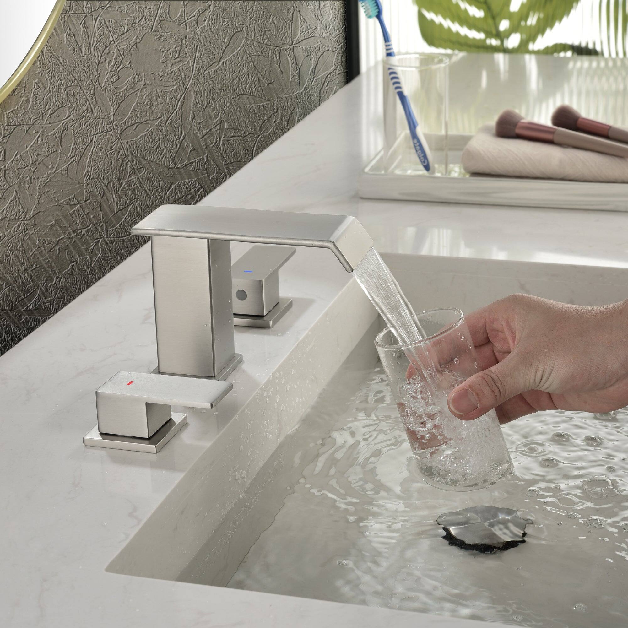 Alt View 2. Boyel Living - Brushed Faucet SUS304 Waterfall Spout cUPC Quick Connect Dual Handle Pop Up Drain - Brushed Nickel.