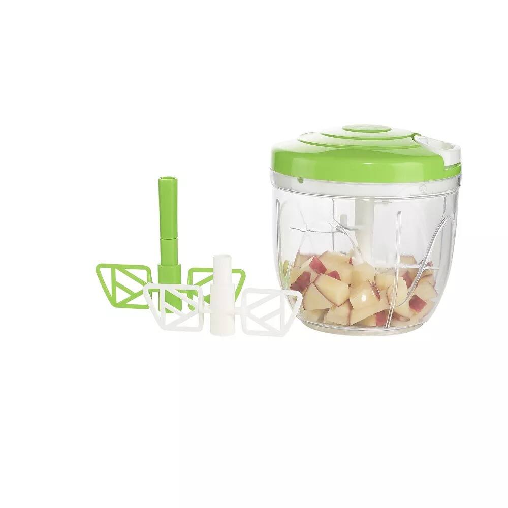 Left. Elle Decor - 4.25 Cup Manual Mini Food Processor, 1L Pull Cord Chopper with 5 Stainless Steel Blades & Mixer Blade, BPA Free - Green/Clear.