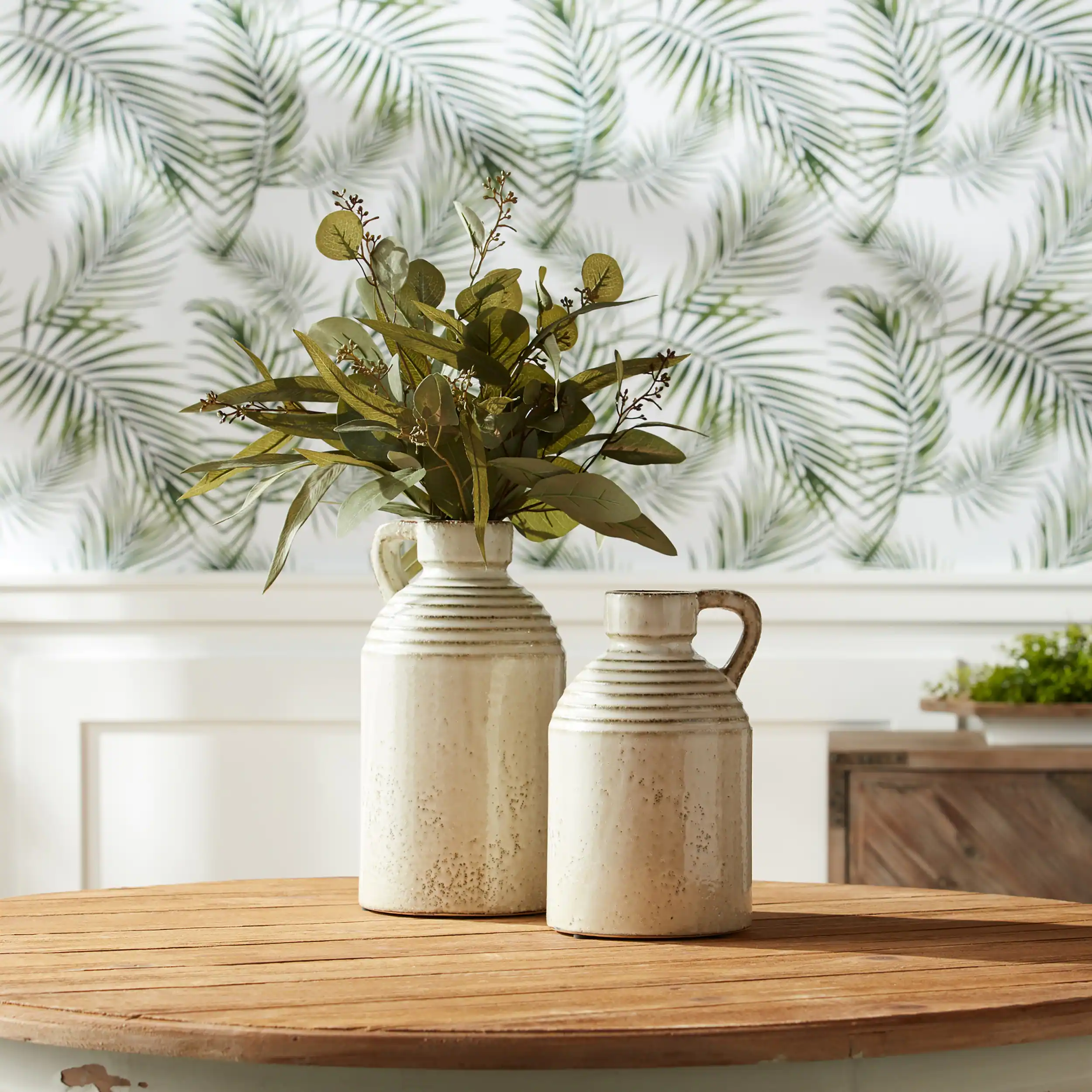 Angle. BreeBe - Rustic Ceramic Jug Vase with Washed Cream Finish 11.75"H - Grey, Beige.