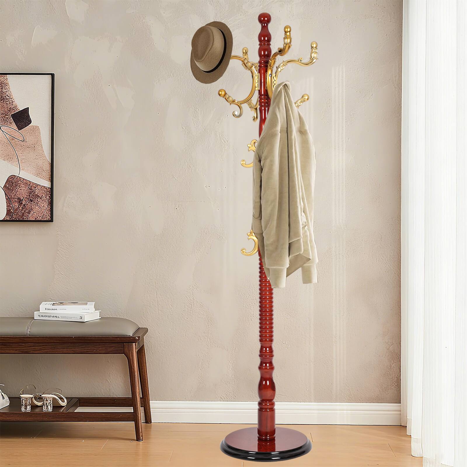 Alt View 8. Chateau Abodes - Coat Rack Freestanding, Natural Birch Wood Coat Tree with 14 Hooks, 200lbs Load, Stury Base - Begonia.