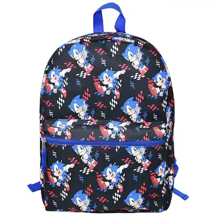 Front. Sonic - Sonic the Hedgehog Black All Over Print 16" Kids School Backpack with a Small Front Pocket & Side Mesh Pockets - Assorted Pre-Pack.