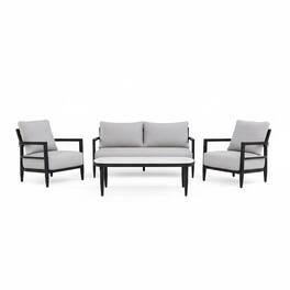 Mondawe - 4-Piece Outdoor Conversation Set with Fully Weld Club Chairs, Bench Sofa, Marble-Inspired Table and Sunbrella Cushions - Ember Black+Grey