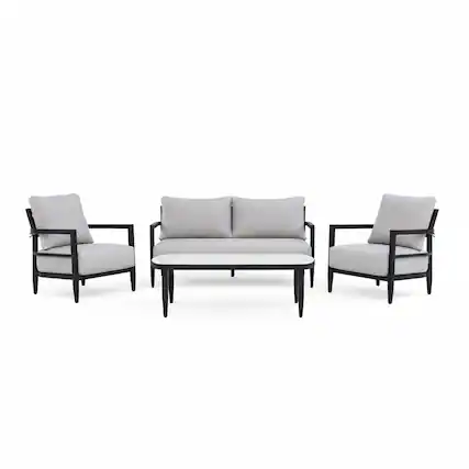 Front. Mondawe - 4-Piece Outdoor Conversation Set with Fully Weld Club Chairs, Bench Sofa, Marble-Inspired Table and Sunbrella Cushions - Ember Black+Grey.