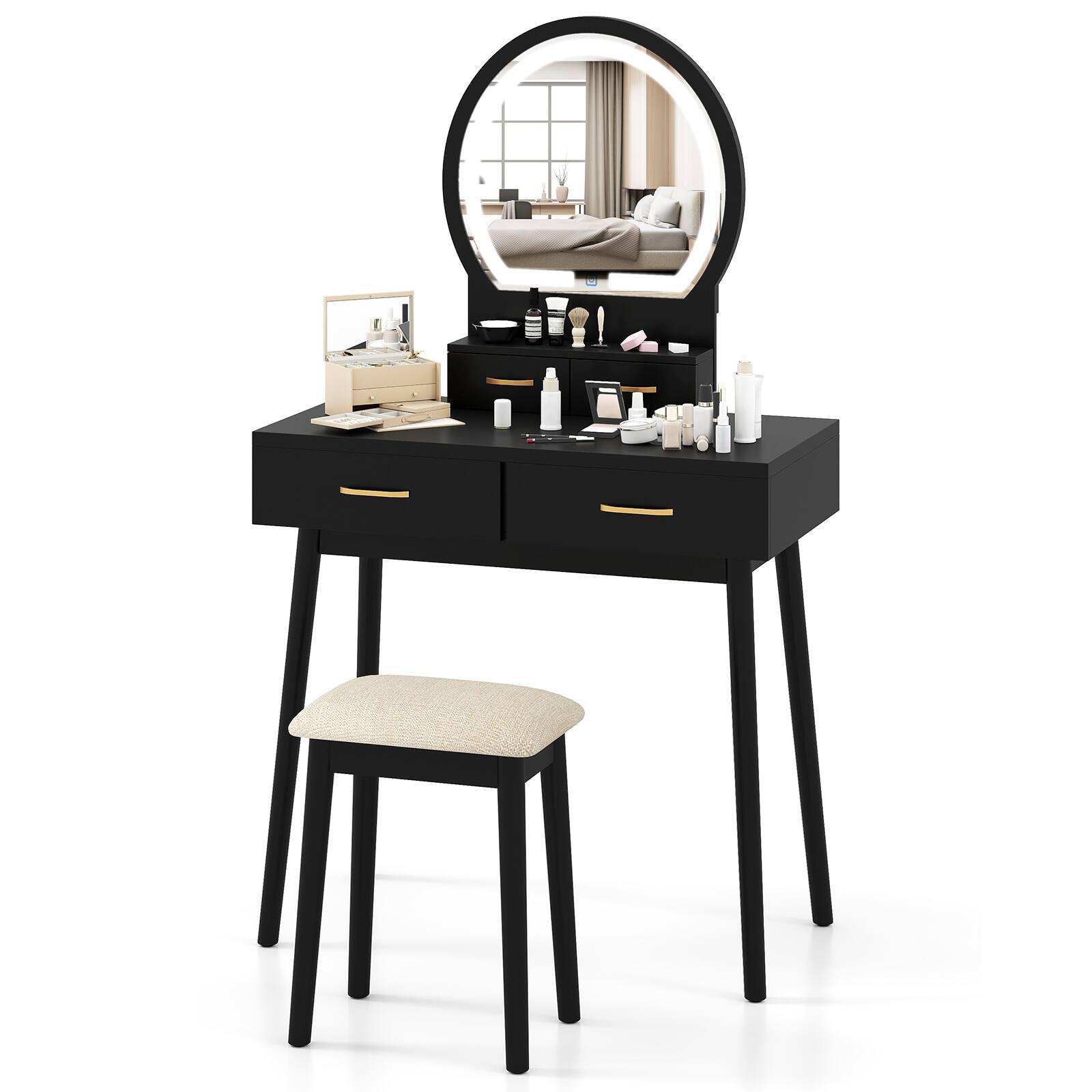 Gymax - Small Vanity Desk w/Mirror & Lights Cushioned Stool 3 Adjustable Lighting Colors - Black