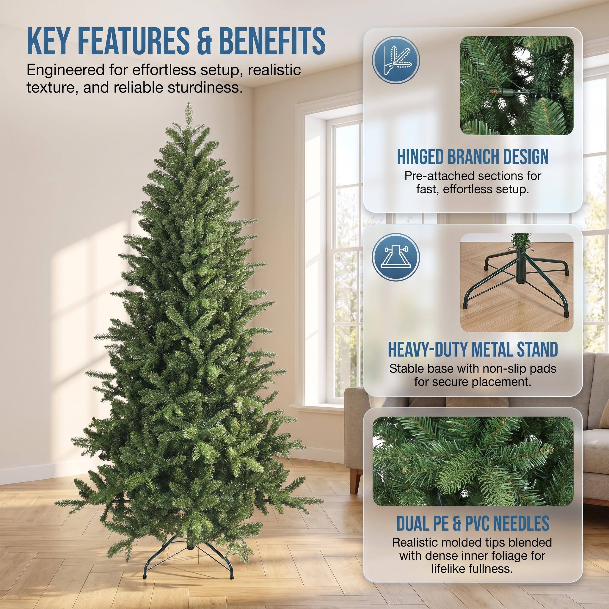 KEY FEATURES & BENEFITS  
Engineered for effortless setup, realistic texture, and reliable sturdiness.

HINGED BRANCH DESIGN  
Pre-attached sections for fast, effortless setup.

HEAVY-DUTY METAL STAND  
Stable base with non-slip pads for secure placement.

DUAL PE & PVC NEEDLES  
Realistic molded tips blended with dense inner foliage for lifelike fullness.