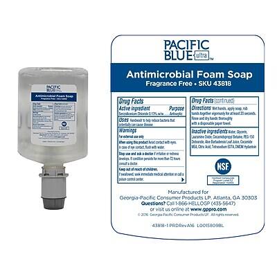 **PACIFIC BLUE ultra™**  
Antimicrobial Foam Soap  
Fragrance Free • SKU 43818  

**Drug Facts**  
[continued]  
Active ingredient:  
Benzalkonium Chloride 17% w/w  
Purpose:  
Antimicrobial  
Directions:  
Apply 50p n Benzukonium Chloride to hands and rub together vigorously for at least 20 seconds. Use as a hand sanitizer.  
Uses:  
Hand sanitizer to reduce bacteria that potentially can cause disease.  
Warnings:  
For external use only. Avoid contact with eyes. If contact occurs, rinse thoroughly with water.  
Inactive ingredients:  
Benzyl Alcohol, Lauramidopropyl Betaine, Lauramidopropyl Betaine, Lauramidopropyl Betaine, Lauramidopropyl Betaine, Lauramidopropyl Betaine, Lauramidopropyl Betaine, Lauramidopropyl Betaine, Lauramidopropyl Betaine, Lauramidopropyl Betaine, Lauramidopropyl Betaine, Lauramidopropyl Betaine, Lauramidopropyl Betaine, Lauramidoprop