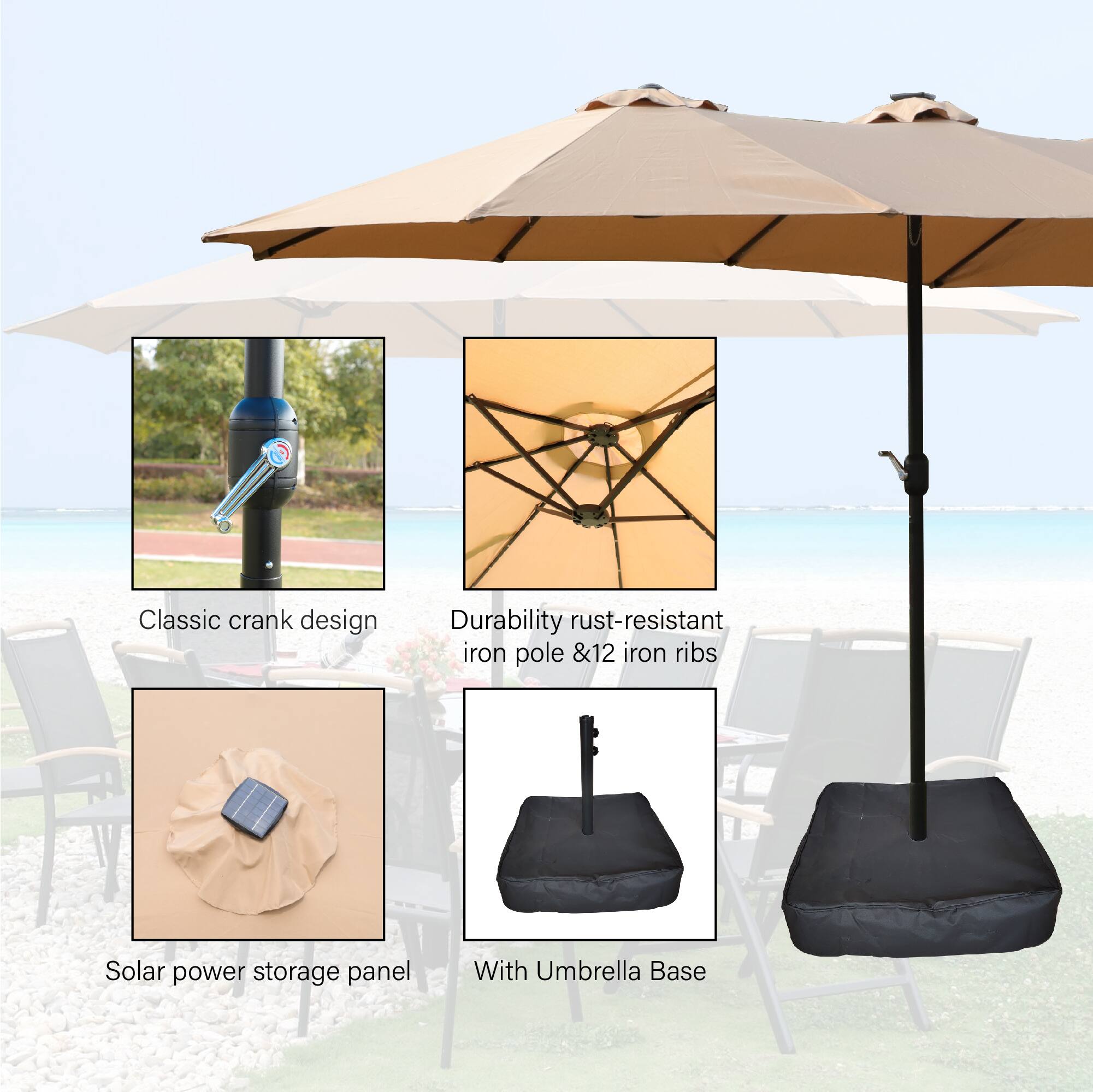 - Classic crank design
- Durability rust-resistant iron pole & 12 iron ribs
- Solar power storage panel
- With Umbrella Base
