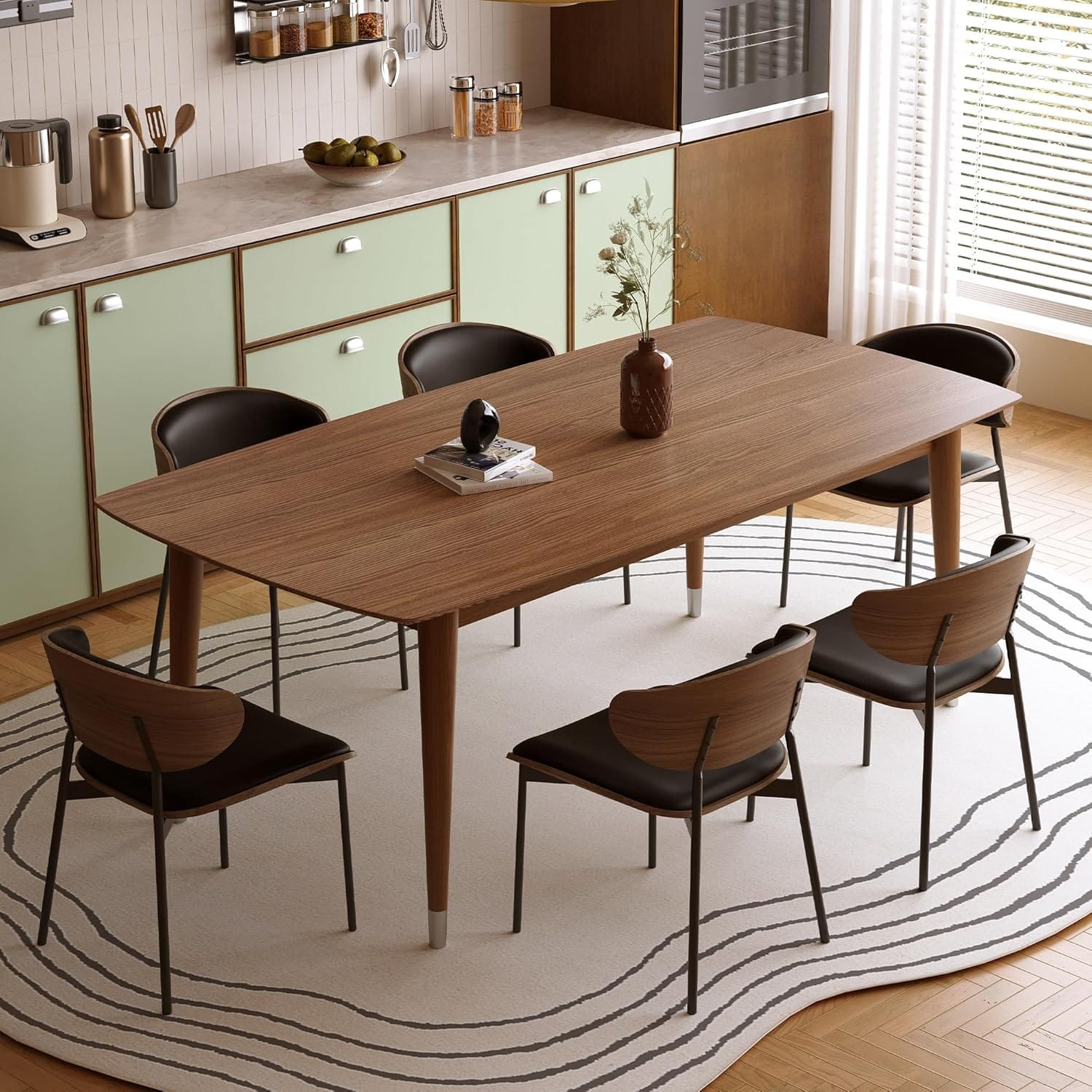 luck idea - 62.9" Solid Wood Veneer Dining Table, Rounded Oval Waterproof Dinner Table Stable Wood Legs Seats 4-8 People for Kitchen - Brown