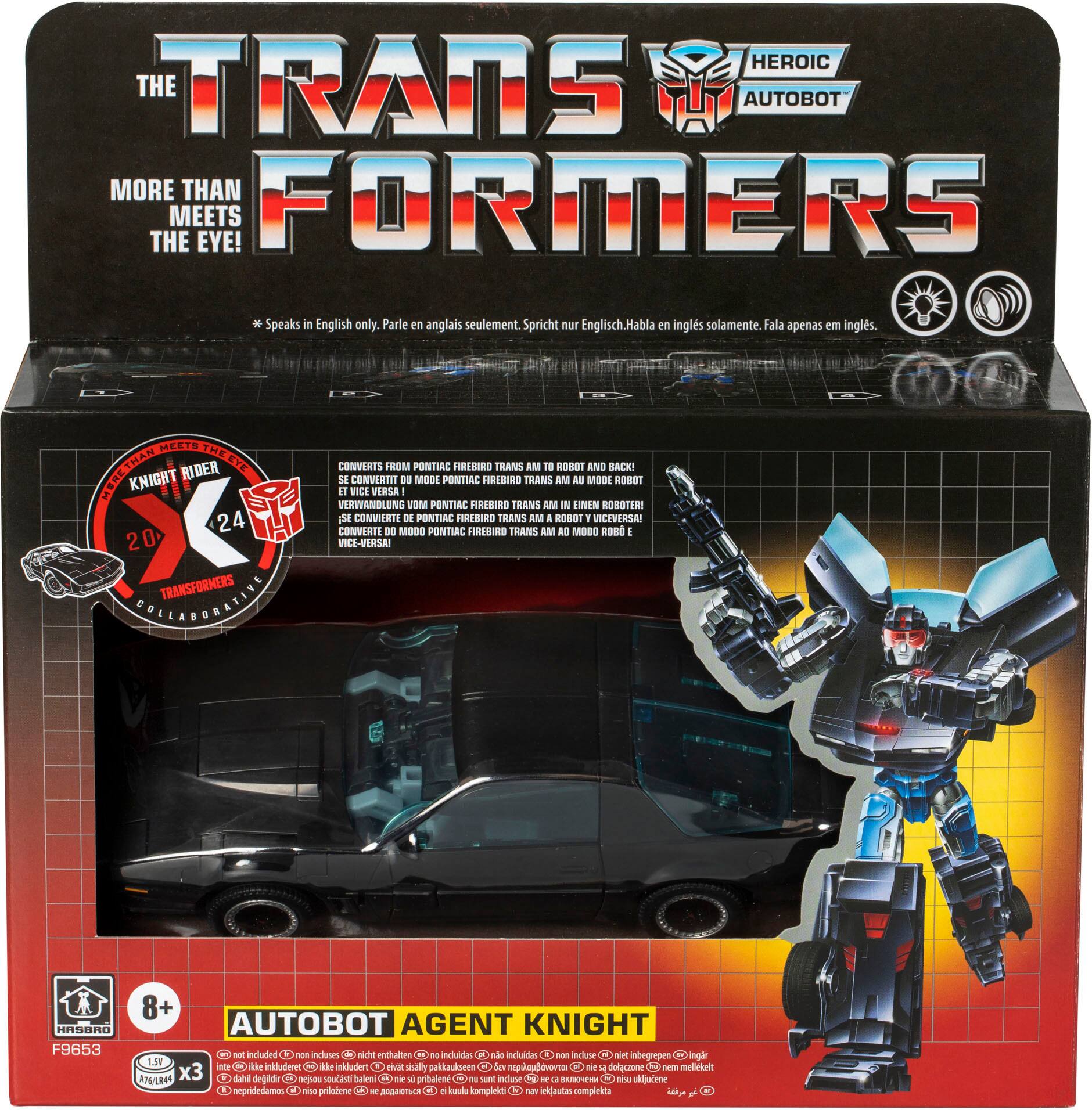 The Transformers Autobot Agent Knight is a more than meets the eye toy. It converts from a Pontiac Trans Am to a robot and vice versa. The toy is included in a box that has the words "The Transformers" written on it. The toy is designed to be a fun and interactive play experience for children.