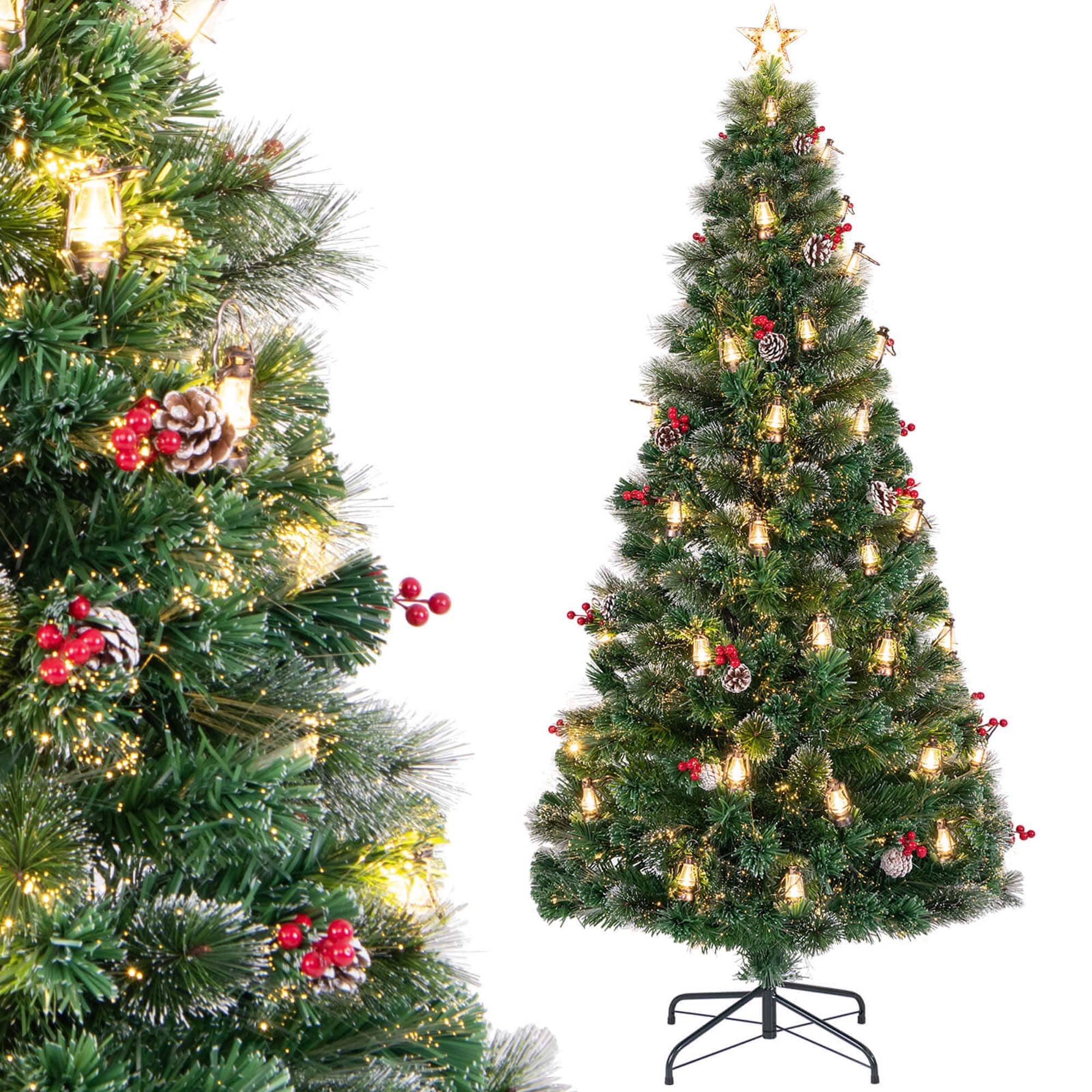 Costway - 7 FT Christmas Tree Artificial Xmas Tree with 8 Lighting Modes 80 Warm LED Lights - White,Green