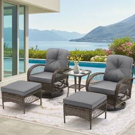 U-HOMY - 360° Swivel Rocking Patio Chairs with Cushions & Tempered Glass Table, Wicker Conversation Set, 5-Piece - Gray