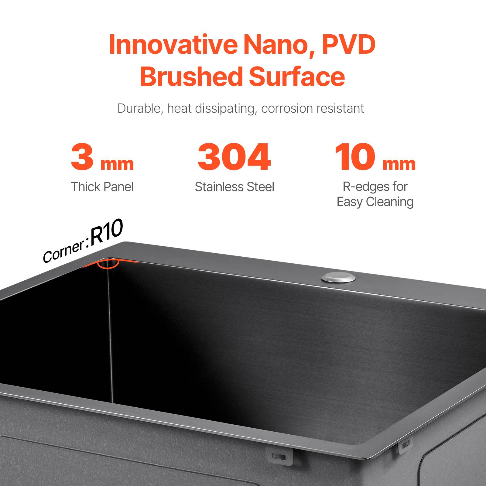 Innovative Nano, PVD Brushed Surface
Durable, heat dissipating, corrosion resistant
3 mm Thick Panel
304 Stainless Steel
10 mm R-edges for Easy Cleaning
Corner: R10