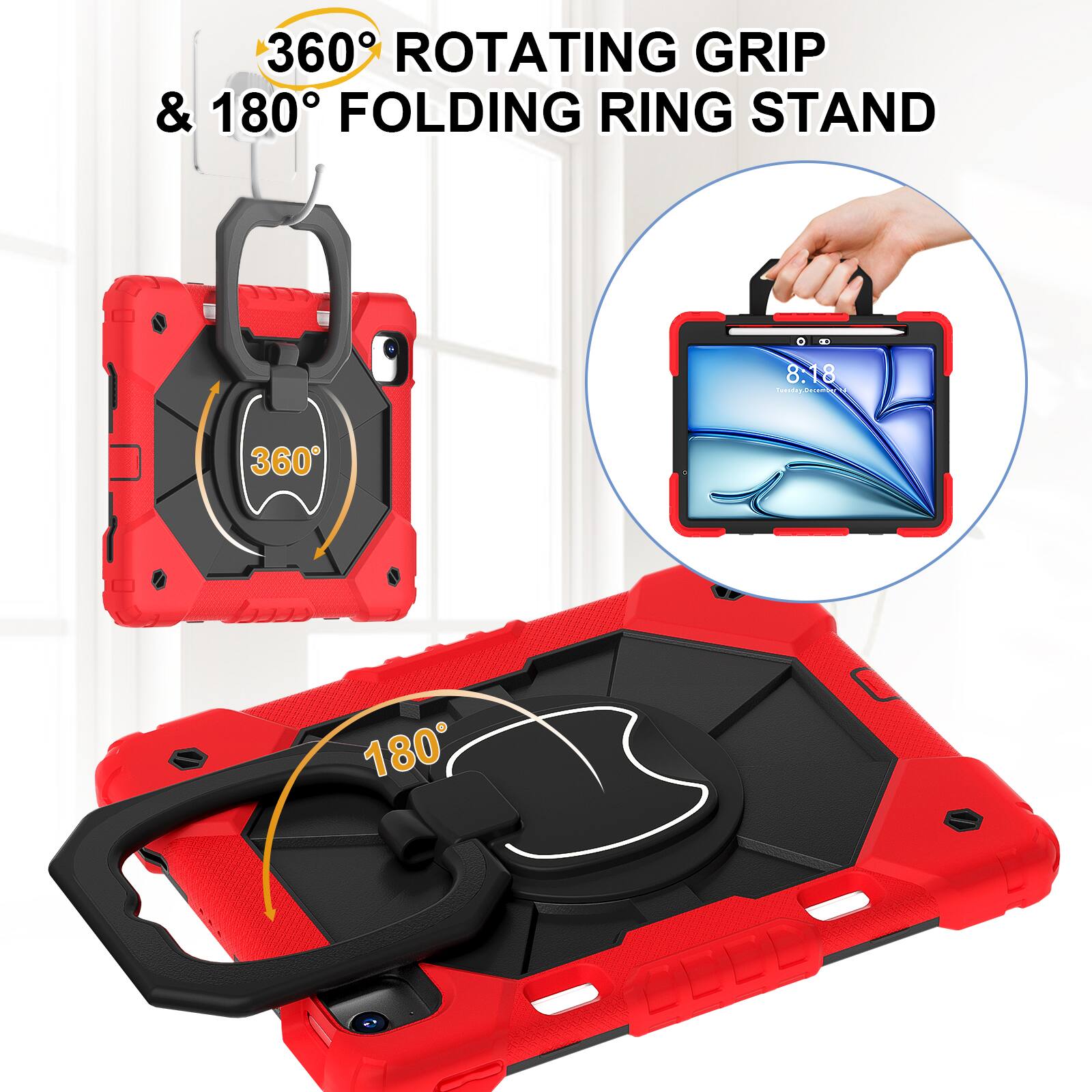 360° Rotating Grip & 180° Folding Ring Stand