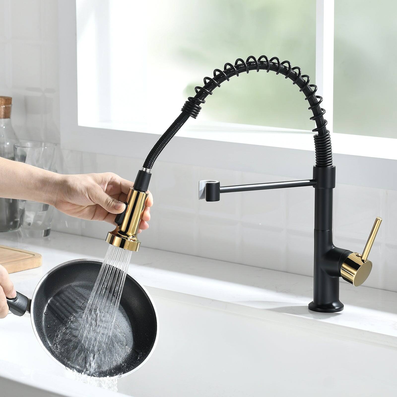 Alt View 3. Boyel Living - Matte Black with Gold Single Handle No Sensor Gooseneck Pull Down Sprayer Kitchen Faucet - Matte Black with Gold.